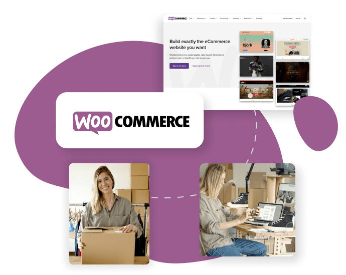 Graphic elements with WooCommerce logo, images of a woman at a desk and standing by a parcel